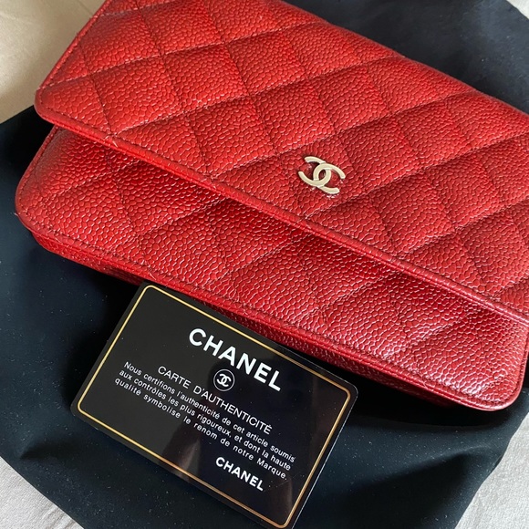 SOLD Authentic Chanel - Red Caviar with Silver Hardware Wallet on Chain - Picture 2 of 15